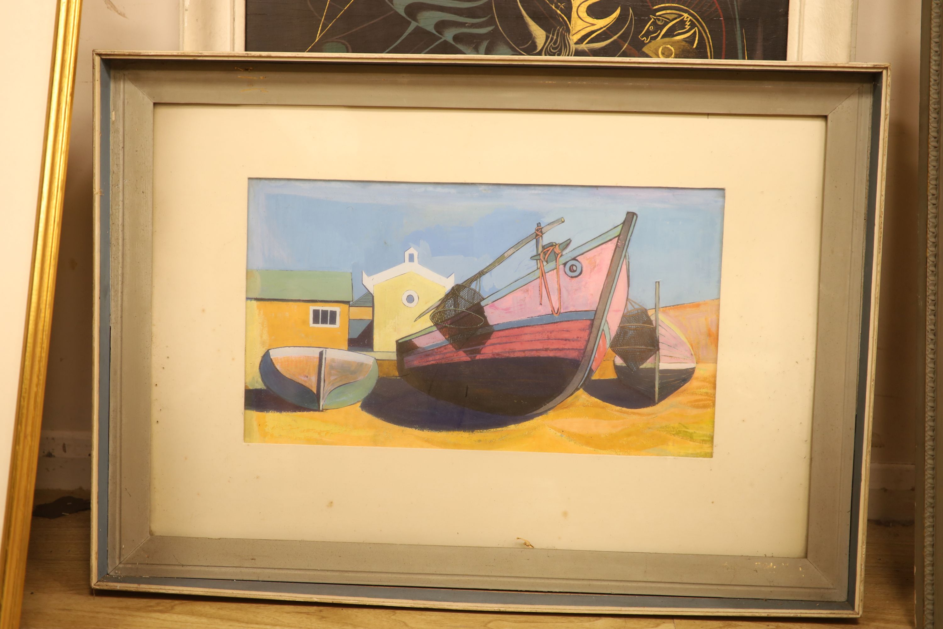 Paul Holmes, gouache, Beached fishing boats, 30 x 53cm